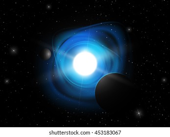 Vector illustration of star makes radiation waves in the deep universe. Background full of stars. Grate for decorations, backgrounds, designs and more.