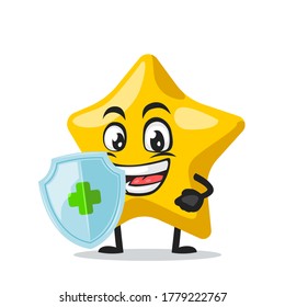 Vector illustration of star mascot or character holding shield for protection