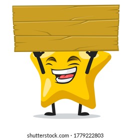 Vector illustration of star mascot or character holding blank wooden