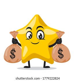 Vector illustration of star mascot or character holding sacks of money