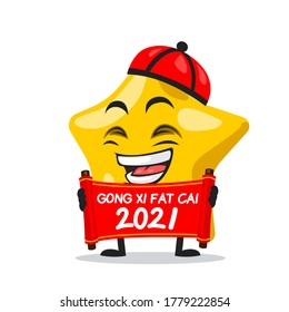 Vector illustration of star mascot or character holding red scroll and says happy chinese new year 2021