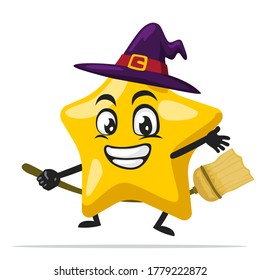 Vector illustration of star mascot or character wearing witch costume and ride flying broom