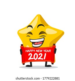 Vector illustration of star mascot or character holding red scroll and say happy new year