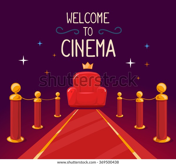 Vector\
illustration of star red carpet and cinema armchair with text on\
purple background. Art design for web, site, advertising, banner,\
poster, flyer, brochure, board, paper\
print.