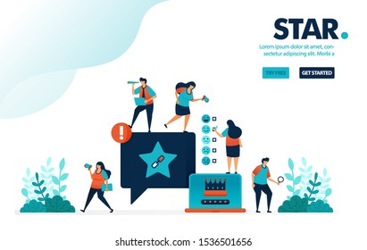 Vector illustration star & satisfaction. People give star rank on comments. Social media user satisfaction level on services. Designed for landing page, web, banner, mobile, template, flyer, poster