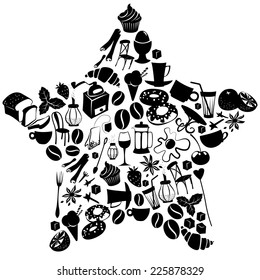 Vector illustration Star shape dessert pattern with cafe and food objects. Flat style