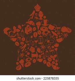 Vector illustration Star shape dessert pattern with cafe and food objects. Flat style