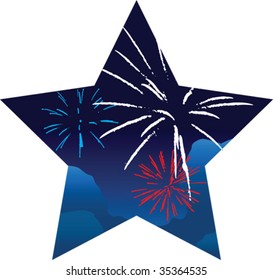 a vector illustration of a star shape filled with the night sky and fireworks