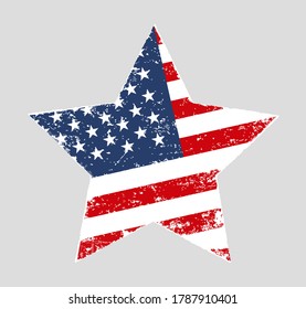 Vector illustration of star shaped grunge old distressed American flag isolated on grey background