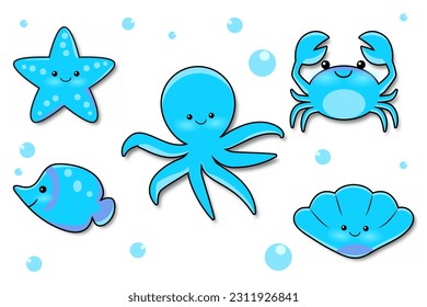 Vector illustration, starfish, fish, octopus, shells and crab with cute expressions for design elements in blue color theme