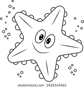 Vector illustration of a starfish. A simple outline of a starfish with cute emotions, hand-drawn, isolated on a white background. The graphic element of the black sea beach.