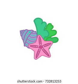 Vector illustration of starfish, snail shell and alga plant in flat cartoon style on isolated background. 