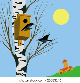 ilustración vectorial starling on tree