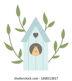 Vector illustration of starling-house with tree twigs and chick inside isolated on white background. Spring traditional symbol and design element