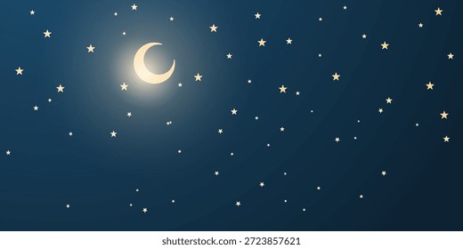 Ilustração vetorial de céu noturno estrelado lua crescente fina, criando atmosfera calma e sonhadora. Ideal para fundos, banners, cartazes, temas espirituais, astronomia, projetos de conceitos noturnos. Copiar espaço.