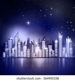 Vector illustration of starry night sky over a city

