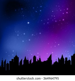 Vector illustration of starry night sky over a city