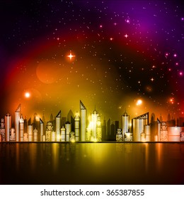 Vector illustration of starry night sky over a city