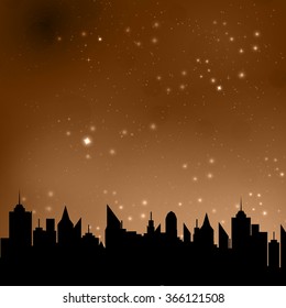 Vector illustration of starry night sky over a city
