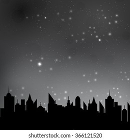 Vector illustration of starry night sky over a city
