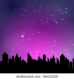 Vector illustration of starry night sky over a city
