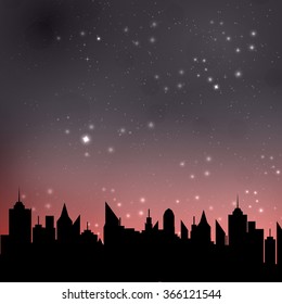 Vector illustration of starry night sky over a city

