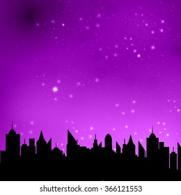 Vector illustration of starry night sky over a city
