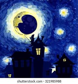 Vector illustration, Starry Night in the style of Van Gogh, halloween background