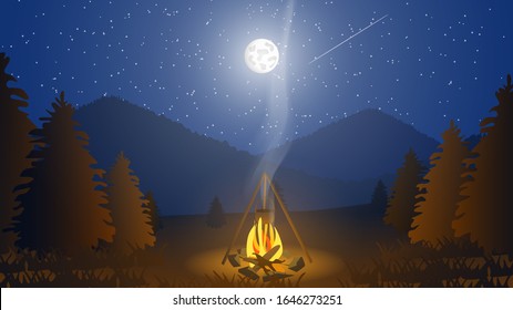  Ilustración vectorial. Cielo estrellado y luna llena en las montañas, vacaciones en la naturaleza, cocina en fuego. Viajando por el bosque con una estancia de una noche. Grandes montañas y luz de la luna. Plantilla para estilo de vida