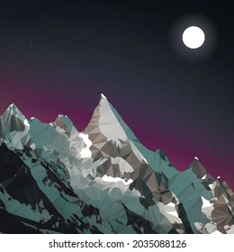 Vector illustration of a starry sky and geometric mountains.  Twilight and rocky mountains. Low poly, polygon.