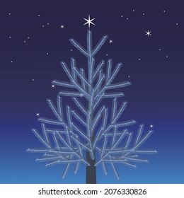 Vector illustration of starry sky and one beautiful spruce tree