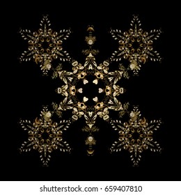 Vector illustration. Starry Sky. Ornamental texture with black golden snowflakes and dots on a black background. Falling snow.