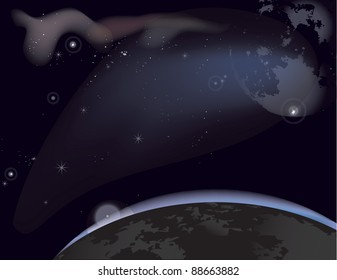 Vector illustration of a starry sky with the planets and nebulae.