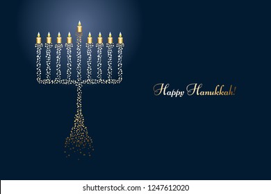 Vector illustration of Stars of David. Menorah. Hanukkah. Golden Condeler. Happy Hanukkah! (Hebrew)
