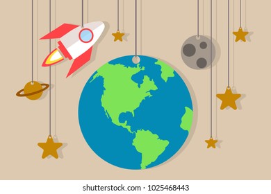Vector illustration of stars, the Earth, and spaceship hanging on ropes. Astronomy and cosmonautics for children rooms background. Eps vector illustration