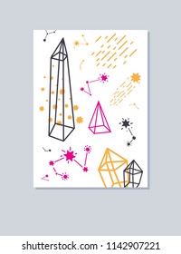 Vector illustration stars, geometric linear shapes, constellations, planets, comets. For packaging design, postcards, posters, banners