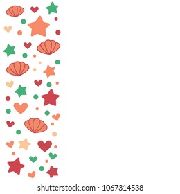 Vector illustration of stars, heart, seashell and circle isolated on white background. Cute background useful for invitations, baby shower, scrapbook. Sticker, clip art for girls. EPS 10.