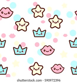 Vector illustration of the stars, lips and crowns with the funny faces seamless pattern. Trendy Kawaii emoticons for print on t-shirt, one piece body gift for kids.