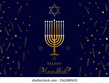 Vector illustration with stars and menorah with candles for Happy Hanukkah holidays. Greeting card