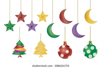 Vector illustration of stars, moon, trees, balls used for graphic design.