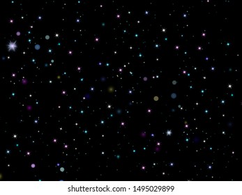 Vector illustration stars, particles background for luxury greeting card. Stardust sparks in explosion on black background. Shining stars in the dark sky. 