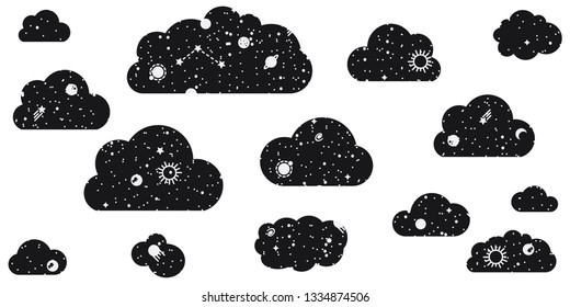 vector illustration of stars and planets and clouds design black and white