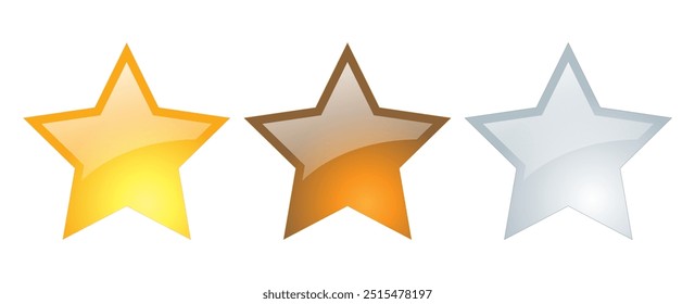 Ilustración vectorial de estrellas con reflexión aislada sobre un fondo blanco. Oro y bronce, estrellas de plata.