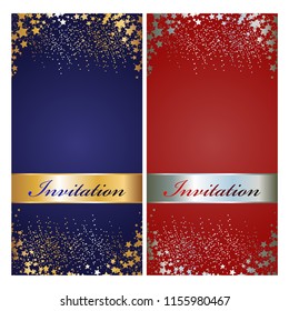 Vector illustration of Stars and sparkles on a blue and red invitations with gold and silver ribbons.