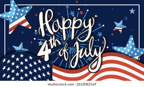 Vector illustration with stars, stripes, and fireworks in red, white, and blue. Perfect for Independence Day themes