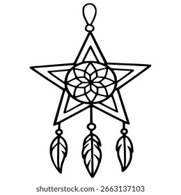Ilustração vetorial de um apanhador de sonhos em forma de estrela com três penas, apresentando um design em forma de mandala dentro da estrela, perfeito para projetos com tema boho.