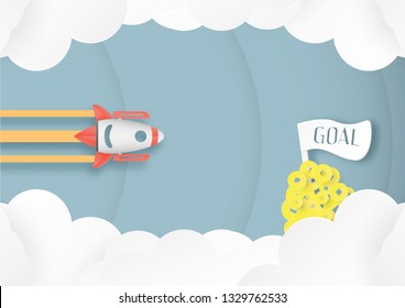 Vector illustration with start up concept in paper cut, craft and origami style. Rocket comes out from cloud  