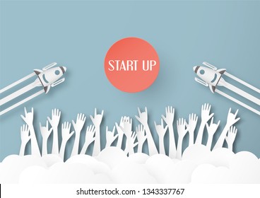 Vector illustration with start up concept in paper cut, craft and origami style. Rocket is flying on blue sky. Template design for web banner, poster, cover, advertisement. It's art craft for kids .