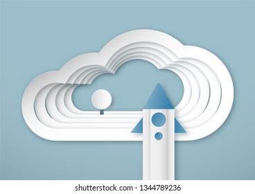 Vector illustration with start up concept in paper cut, craft and origami style. Rocket is flying on blue sky. Template design for web banner, poster, cover, advertisement. 3D art craft for kids .