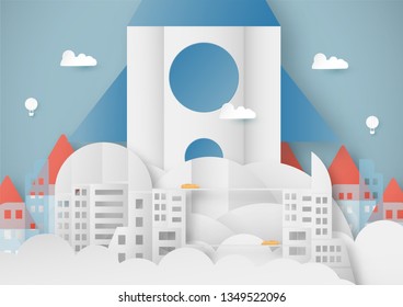 Vector illustration with start up concept in paper cut, craft and origami style. Rocket is flying on blue sky. Template design for web banner, poster, cover, advertisement. 3D art craft for kids .